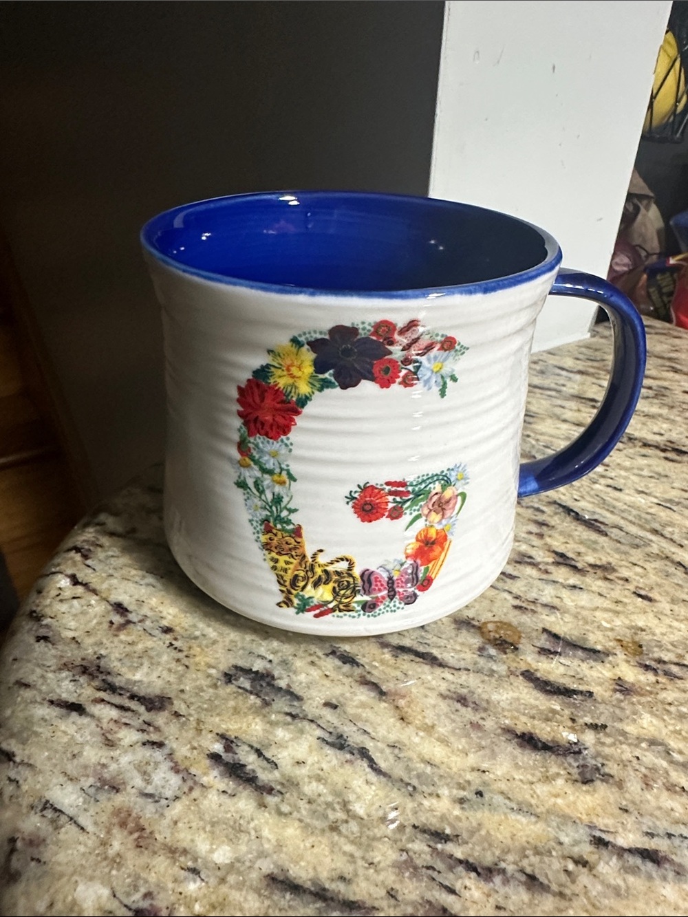 Anthropologie Nathalie Lete Monogram Initial‎ G Cup Floral Leopard Cat Blue Mug